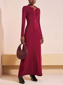 Zivah 2025 秋冬新品 音乐节, 复活节, 圣帕特里克节, 西部风, 游牧风, 生日派对, 毕业典礼, 日常休闲, 百搭百搭, 休闲, 邮轮旅行, 海滩, 日光浴, 病毒式传播, 街头潮流, 婚礼嘉宾, 优雅, 通勤, 早午餐, 机场, V领长袖A字针织长裙, 酒红色 - 酒紅色 - 查看 2