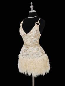 SHEIN ICON 女士手工串珠亮片人造毛皮饰边迷你派对连衣裙 - 杏色 - 查看 3