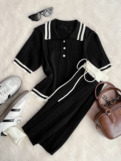 Muvela 女士休闲百搭黑白罗纹针织套装，复古学院风，秋季分层必备，适合日常穿着，与朋友聚会，休闲居家，舒适简约，机场，慵懒日，办公室