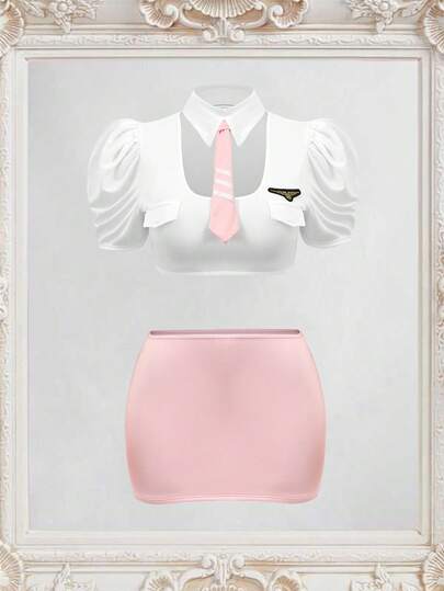 大码性感内衣套装（上衣、裙子、领带、项链）