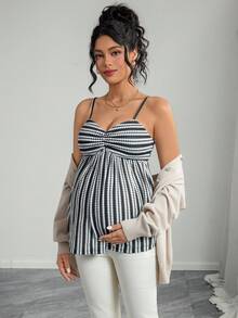 Momance 孕妇时尚通勤休闲条纹吊带背心 - 黑與白 - 查看 4