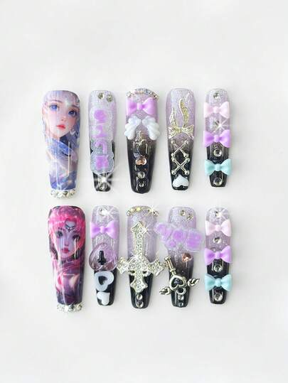 Kawaii 10pcs Cute Wing, Music Note, Star Lace Edged Polka Dot Handpainted High-Quality False Nails + 3pcs Double-Sided Adhesive, Removable & Reusable Coffin Shaped Fake Nails, Bowknot Element Nail Stickers, Suitable For Holidays, Parties, Dancing And Daily Wear