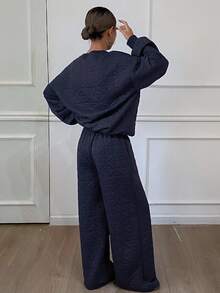 Livesso 2pcs Women's Thick, Loose, Business Casual Textured Houndstooth Crew Neck Sweatshirt And Wide Leg Pants Set, Suitable For Office Wear, Autumn/Winter Lounge Sets For Women - Navy Blue - View 7