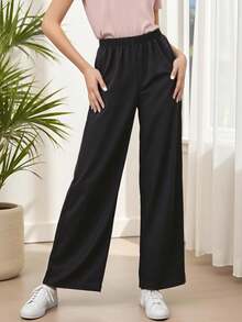 Girls Solid Elastic Waist Trousers - Black - View 1