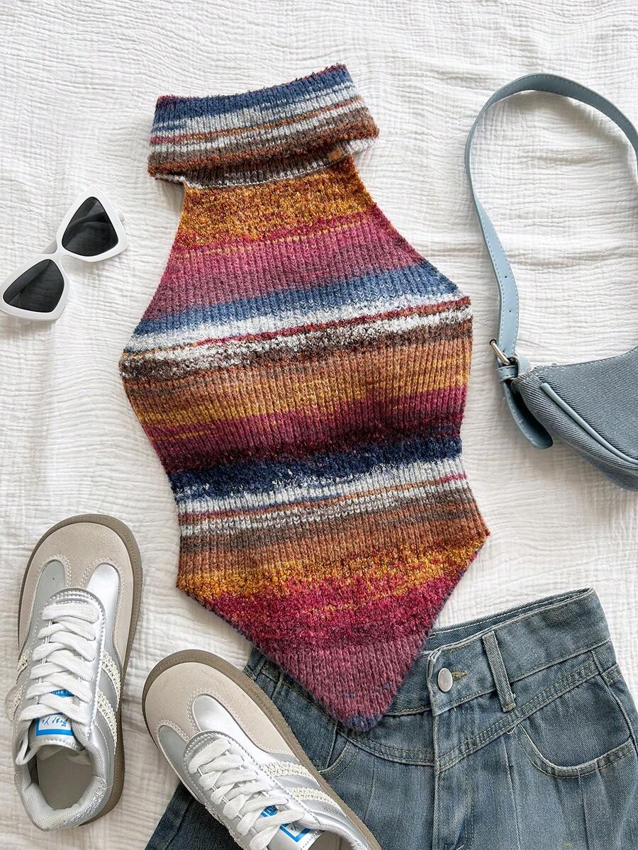 Soleia 女式休闲高领无袖不对称下摆修身针织背心，适合派对、圣诞节、约会之夜、夜总会、波西米亚风、波西米亚风、度假、秋季 - 彩色 - 查看 1