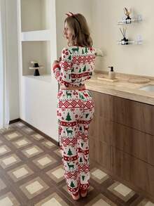 SHEIN 圣诞主题印花休闲女式睡衣套装，舒适保暖，秋冬服装 - 彩色 - 查看 3