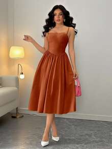 Rafferiza Váy xòe eo dây mảnh thời trang đa năng dự tiệc cho nữ, mùa thu/đông - Màu Cam cháy - Xem 5