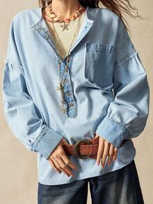 Bohemela 休闲梭织牛仔条纹拼接宽松女式衬衫 - 藍色 - 查看 3