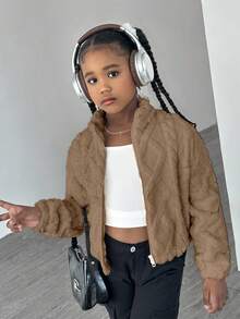 Tween Girls' White Turtleneck Geometric Fleece Casual Jacket - Coffee Brown - View 5