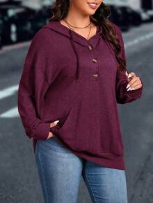 Sudadera informal de talla grande de unicolor, versátil para el otoño - Rojo violeta - Ver 6
