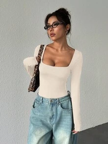 StreetHx 女士长袖紧身衣，棕色，修身剪裁，简约百搭，通勤适用