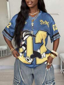 Coolane Women's V-Neck Short Sleeve Loose Casual T-Shirt With Blue Mesh & Numeric Print Y2k Cropped Graphic Tee