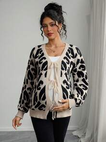 Momance Maternity Casual Leopard Print Tie Front Cardigan, Autumn/Winter