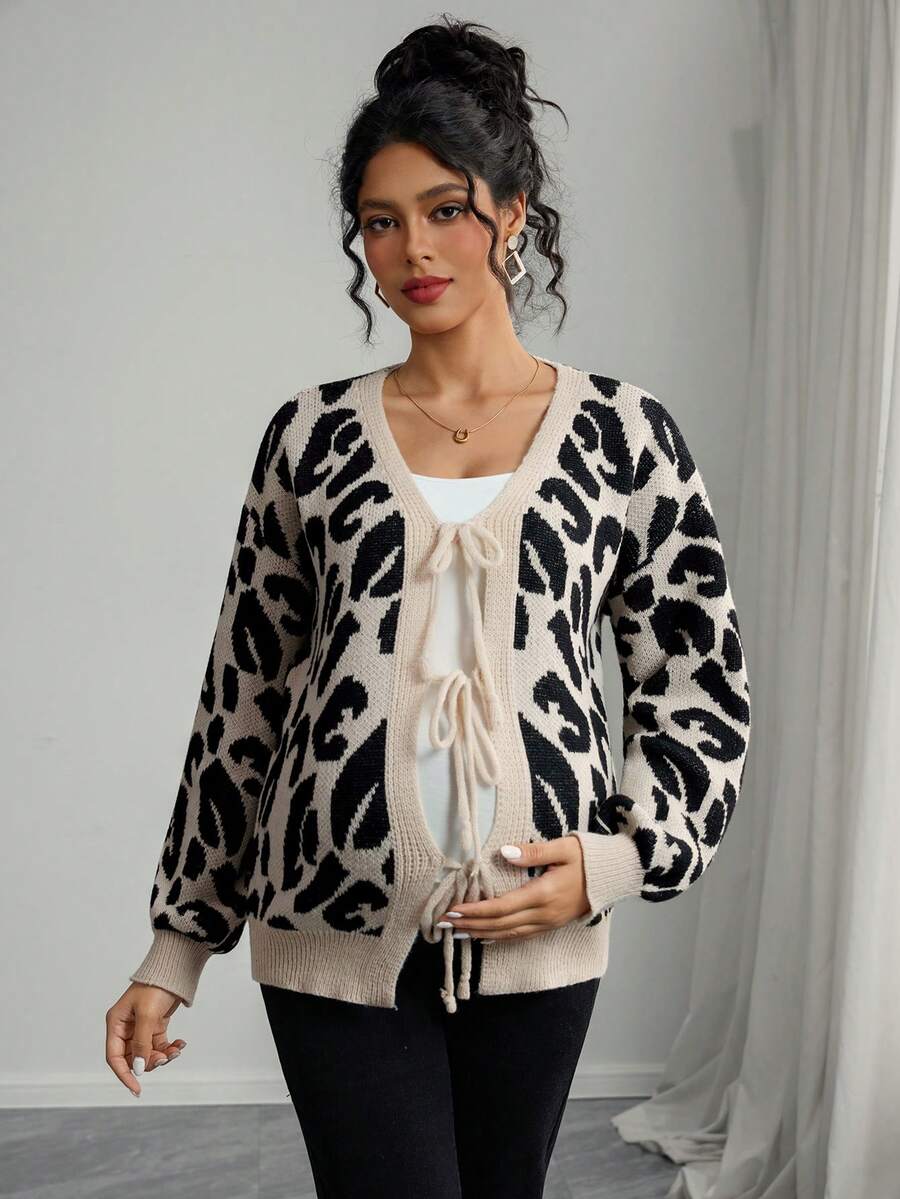 Momance Maternity Casual Leopard Print Tie Front Cardigan, Autumn/Winter