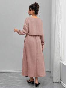 SHEIN 2pcs Maternity Set: Loose Boat Neck Long Sleeve Top And A-Line Waist Drawstring Skirt - Apricot - View 2