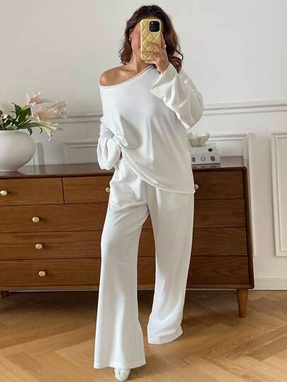 DAZY Simple Solid Color Loose Women Pajama Set, Cozy Outfit Fall Winter Clothes