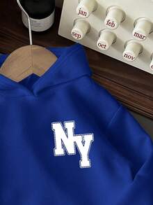 青少年男童休闲简约卡通熊图案宽松长袖卫衣，适合秋季穿着，衣服背面 - 藍色 - 查看 3