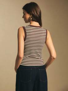 Poéselle Women's V-Neck Ribbed Slim Fit Casual Tank Top Women Tank Tops Striped Tank Brown Tank Top Striped Top Brown Tank Top Women Western Tank Tops Women - Brown - View 2