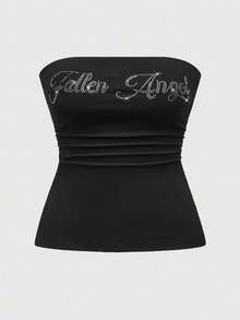 ROMWE Grunge Punk Y2K Subculture 大码女式水钻下摆开衩短款上衣 - 黑色 - 查看 5