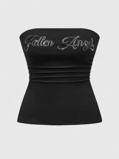 Grunge Punk Top corto con abertura y aplicaciones de strass para mujer de talla grande, estilo subcultura Y2K