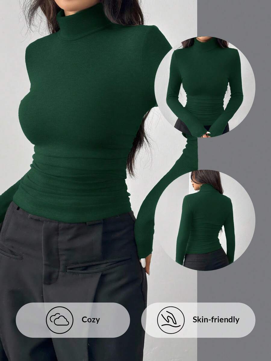 SHEIN EZwear Olive Green Plus Size Women High Neck Long Sleeve Ruched Fitted T-Shirt/Winter - Dark Green - View 1