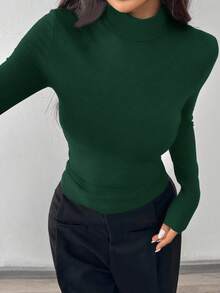 SHEIN EZwear Olive Green Plus Size Women High Neck Long Sleeve Ruched Fitted T-Shirt/Winter - Dark Green - View 3