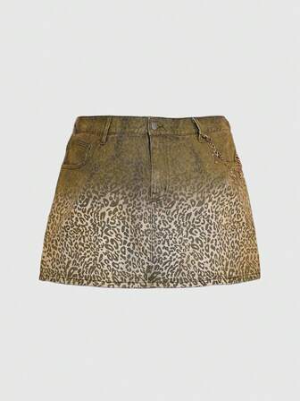 J-Fashion Minifalda de mezclilla ajustada con cadena de metal vintage, estampado de leopardo Gyaru Shibuya Y2K de talla grande