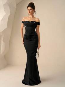 Coutiva 女士优雅亮片拼接露肩正式晚礼服 - 黑色 - 查看 3