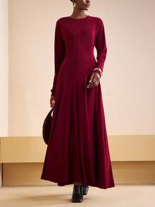 Zivah Women's Burgundy Elegant Long Sleeve Super Long Dress For Autumn,Matte Knitted Round Neck Umbrella Hem Base Dress For Dining,Party,Cruise,Commuting - Burgundy - View 3