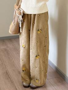 FRIFUL 女式棕色刺绣直筒裤，春季