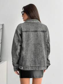 EURMUSE Stud Detailed Regular Fit Denim Jacket - Grey - View 2