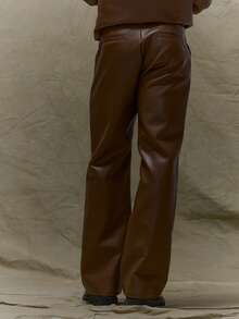 Musero Straight Leg Leather Pants Trouser Seam Detailing Pleat Style Front Winter - Coffee Brown - View 4