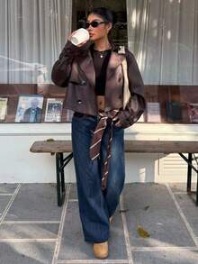Muchica Dark Brown Suede Women's Long Sleeve Jacket In Fall/Winter - Coffee Brown - View 1