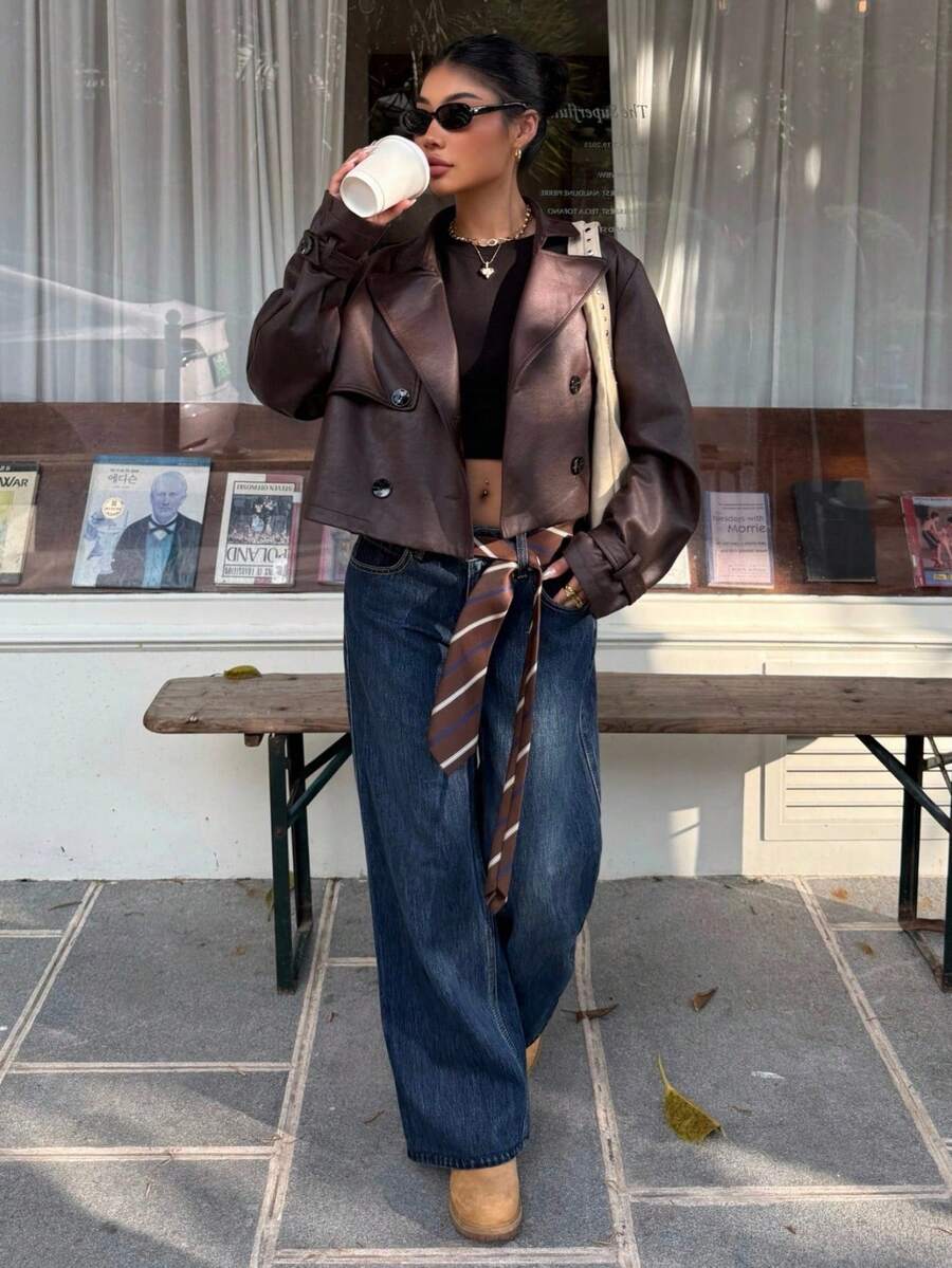 Muchica Dark Brown Suede Women's Long Sleeve Jacket In Fall/Winter - Coffee Brown - View 1