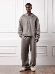 SUMWON Boxy Fit Suede Button Front Shirt And Relaxed Fit Pants Co Ord Set For Casual Comfort Plain - Khaki - View 1