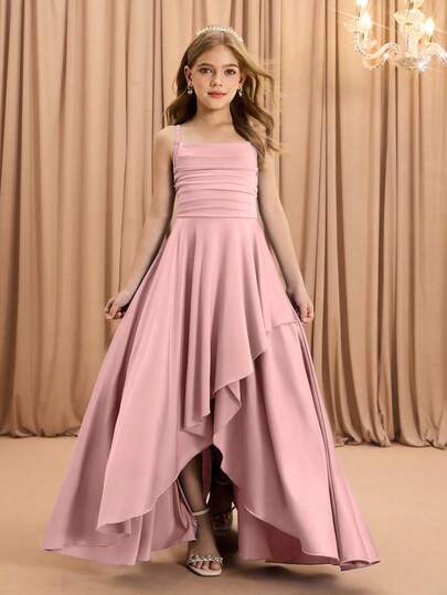 Tween Girl' Elegant Fashion Luxurious Spaghetti Strap Criss-Cross Shoulder Sleeveless High Waist Cinched Waist Flared Hem Long Asymmetric Hem Design Solid Satin Shiny Fabric High-End Christmas, Graduation, Party, Halloween Pink Dress