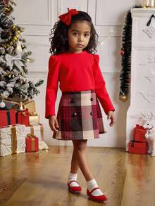2 Stück/Set Elegantes, süßes Top für Kleine Mädchen mit Rüschenkragen und Langarm + karierter Skort mit asymmetrischem Saum, geeignet für Weihnachten, Urlaub, Reisen, Frühling & Herbst - Rot - Übersicht 2