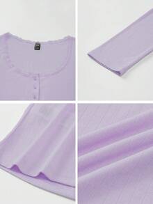 Almamuse 女式甜美蕾丝边长袖 T 恤，修身款三扣休闲白色 T 恤上衣夏季 - 淡紫色 - 查看 7