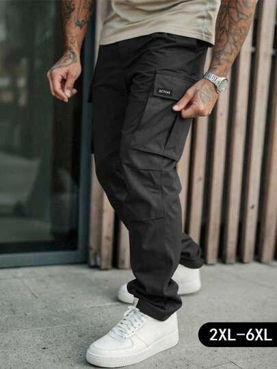 Manfinity Homme Plus Size Men's Black Cargo Pants, Multi-Pocket Casual Straight-Leg Trousers Men Loose Straight Leg Casual Pants Black Cargos For Men Men Tactical Work Pants Streetwear Men Pants