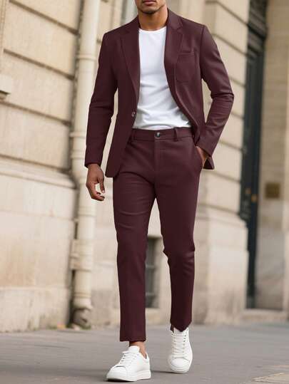 Manfinity Mode 男士春夏休闲酒红色商务正装西装套装（两件套）