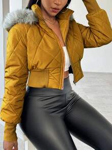 BamGleam Fashionable Versatile Fur Collar Hooded Cropped Jacket, Winter - Yellow - View 5