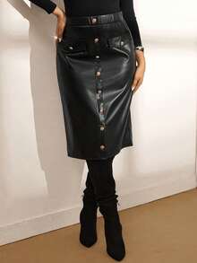 Zelara Jupe commuter en PU décorée de boutons, grande taille, nouvelle collection automne-hiver, idéale pour les fêtes de Thanksgiving et du Nouvel An