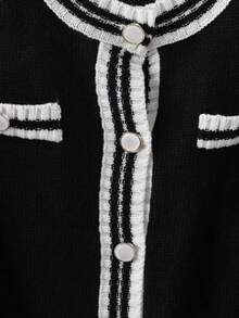 GlowEve 女士条纹长袖针织开衫和针织裤休闲两件套，秋冬 - 黑與白 - 查看 3