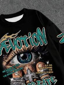 Manfinity ZONE917 Men Street Style Boxy Cropped Loose Distressed Dark Eye Slogan Diamond Ring Graffiti Print Flare Sleeve T-Shirt, Fall