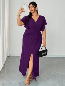SHEIN Elenzya 加大码优雅浪漫荷叶边袖 V 领腰部合身美人鱼下摆鸡尾酒会婚礼宾客礼服 - 紫色 - 查看 5