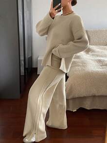 DAZY 2 件套女士纯色圆领开衩毛衣和阔腿裤针织套装，秋季服装 - 杏色 - 查看 2