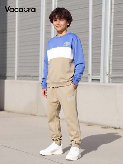 2 件套青少年男孩休闲运动拼色圆领运动衫套装，适合休闲、上学和运动穿着