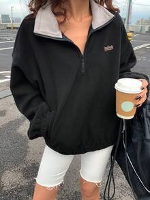 Livesso Áo nỉ chui đầu dáng rộng thoải mái cho nữ có màu tương phản, lót giữ nhiệt, thêu chữ và họa tiết hoạt hình, cổ đứng, khóa kéo nửa phía trước, thích hợp mặc vào mùa thu đông, lót giữ nhiệt - màu đen - Xem 11