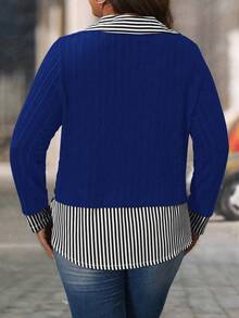 SHEIN LUNE Blusa casual y versátil de punto con cuello, bloques de color azul y blanco a rayas, para mujer de talla grande - azul real - Ver 2