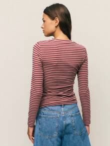 Nöista 女士条纹圆领长袖修身休闲T恤，适合日常穿着 - 粉色 - 查看 2